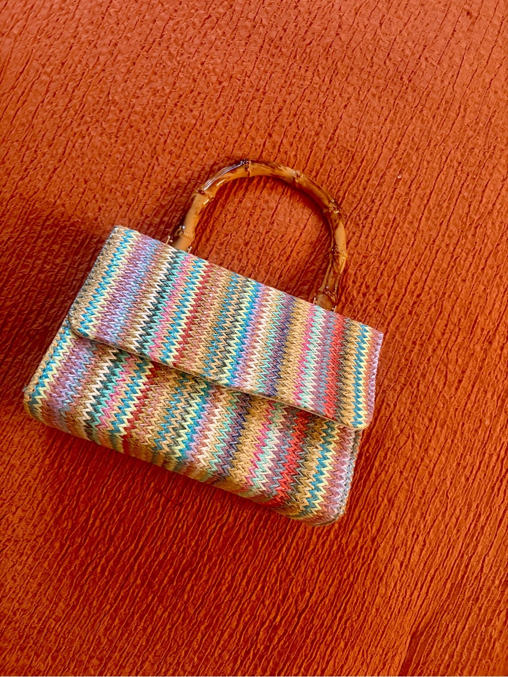 Woven Multicolor Bamboo-Handle Top-Handle Bag